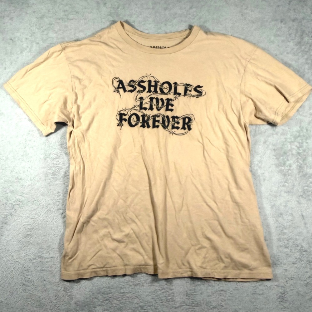 Assholes Live Forever Graphic T-Shirt Mens Large Tan Barbed Wire Logo Tee